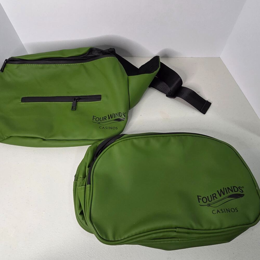 Four Winds Casinos Set of 2 Green Sling Bag Fanny Pack & Toiletry Case Travel